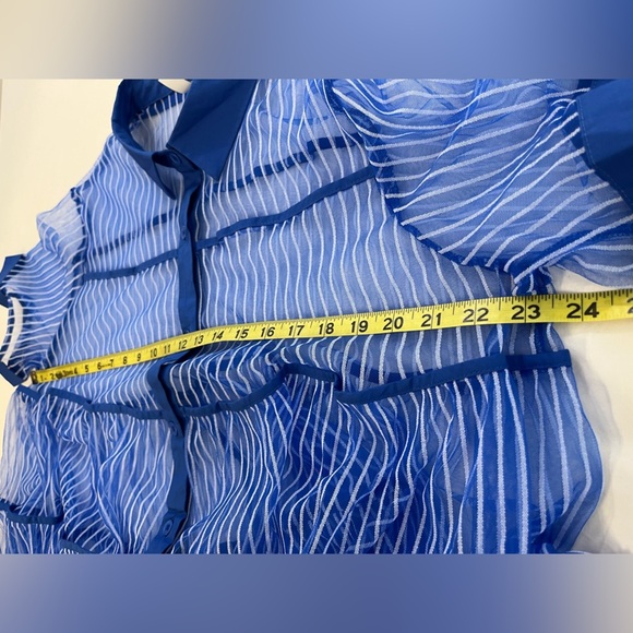 C Yard Blue Sheer Striped Button Front Peplum Top, Size Large - Picture 7 of 12